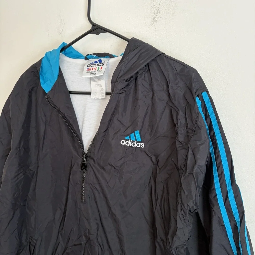 Vintage Adidas L Black Blue Windbreaker 1/4 Zip Jacket 90s Track Hipster Athlete